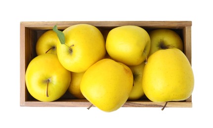 Photo of Ripe yellow apples in wooden crate isolated on white, top view