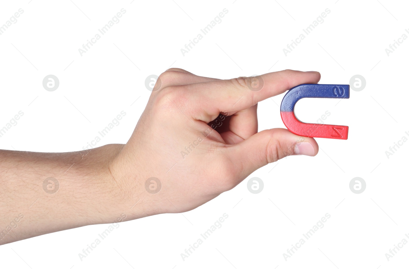 Photo of Man with horseshoe magnet on white background, closeup