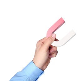 Photo of Man with horseshoe magnet on white background, closeup