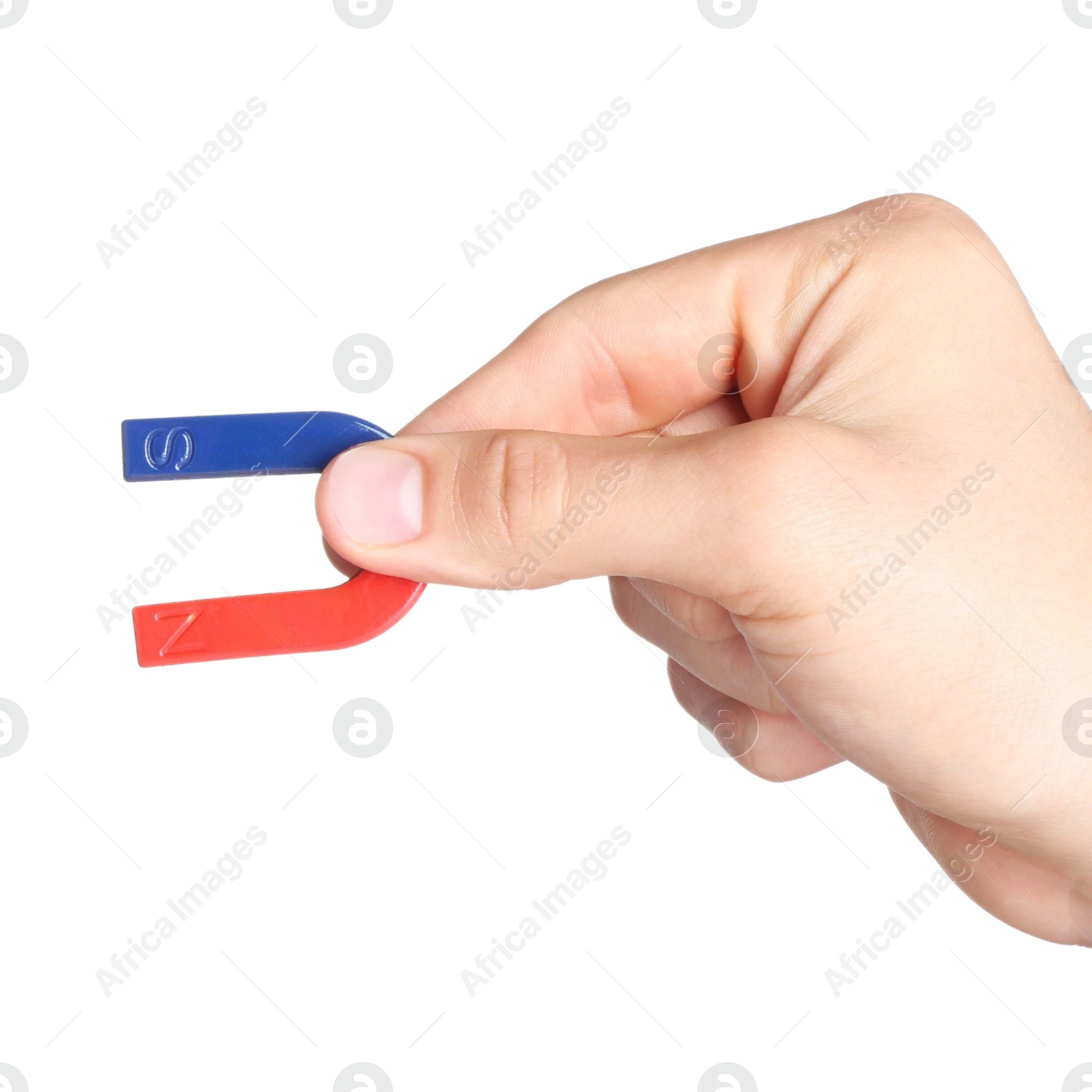 Photo of Man with horseshoe magnet on white background, closeup