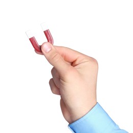 Photo of Man with horseshoe magnet on white background, closeup