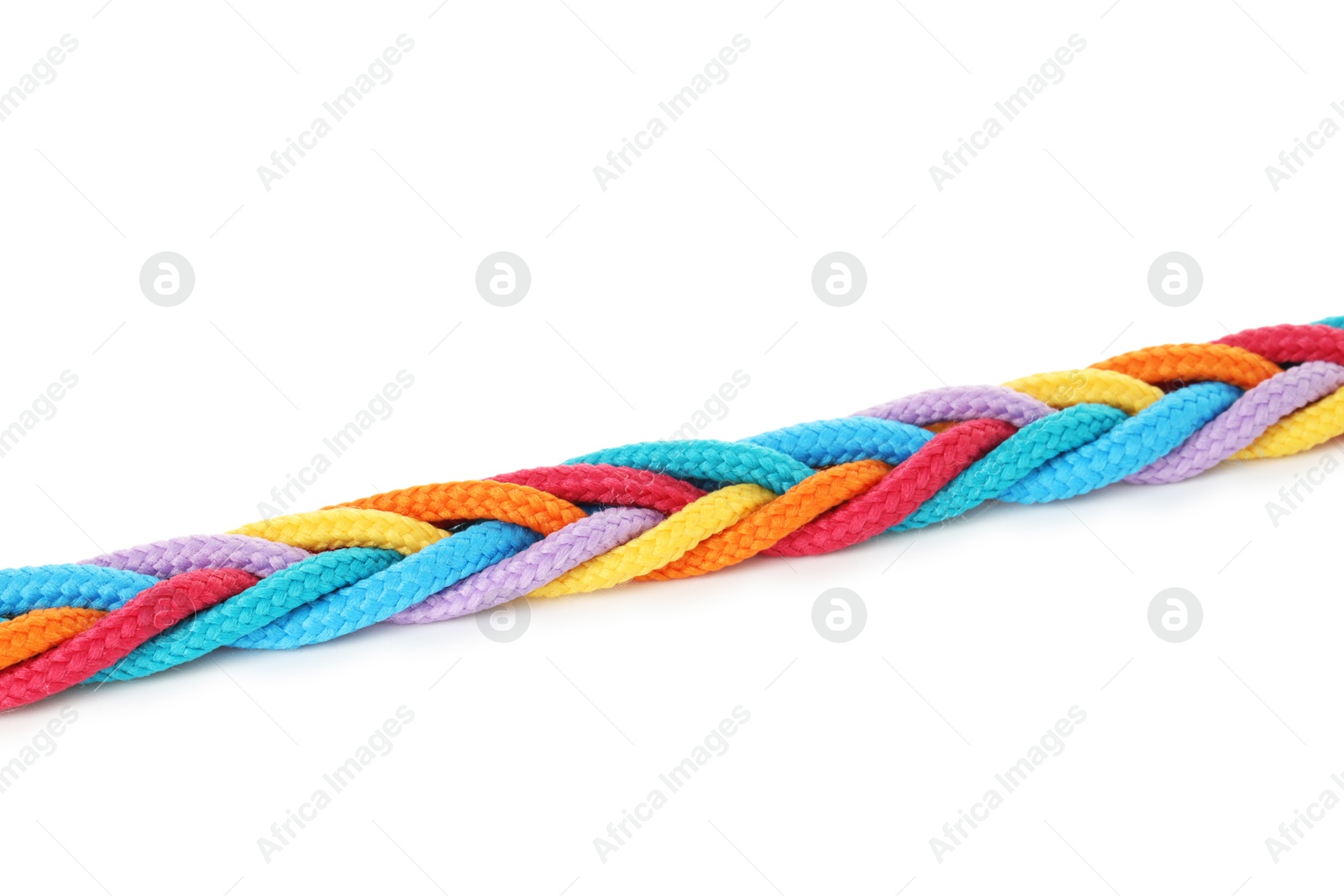 Photo of Braided colorful ropes isolated on white. Unity concept