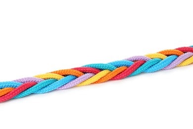 Photo of Braided colorful ropes isolated on white. Unity concept