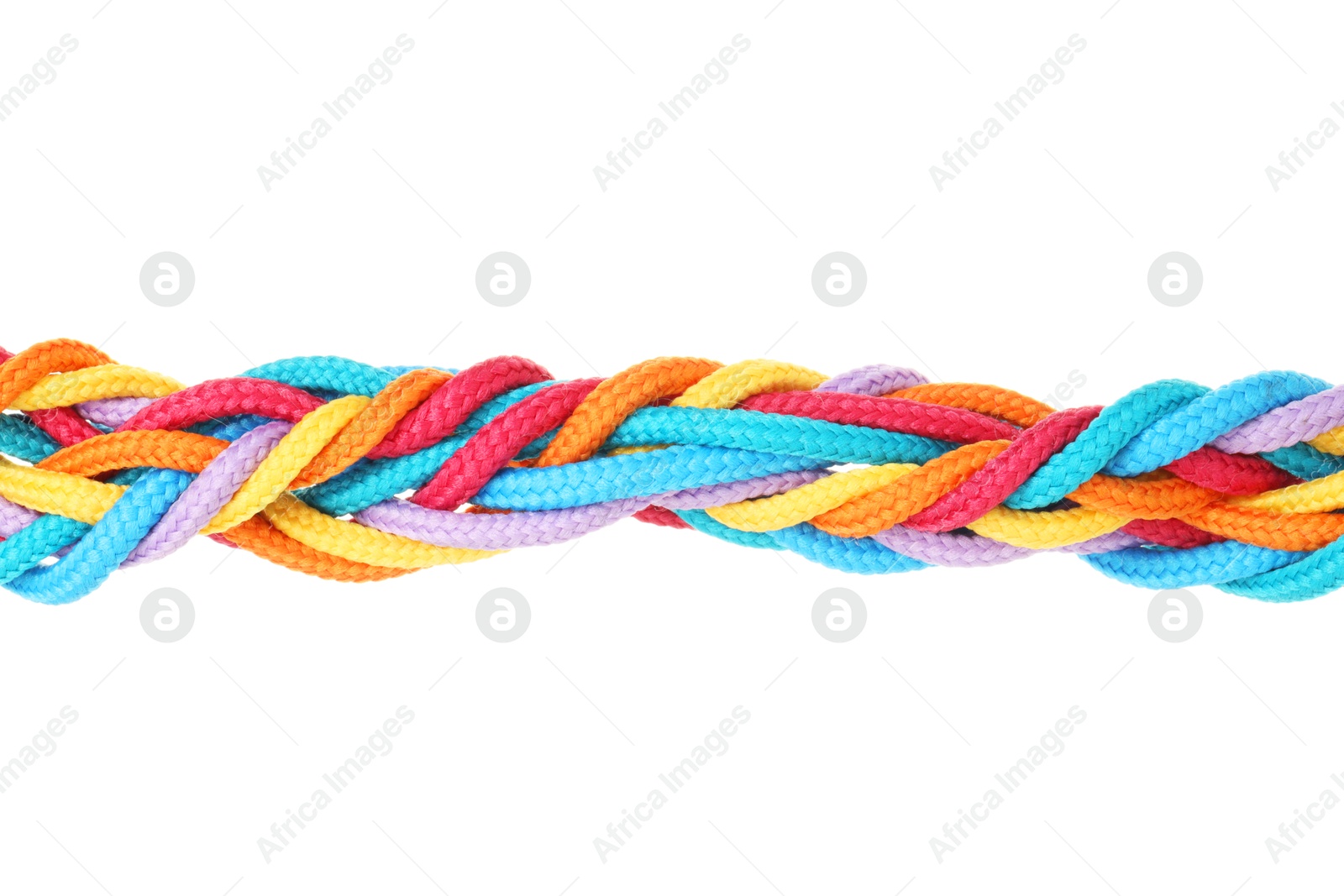 Photo of Braided colorful ropes isolated on white. Unity concept