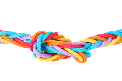 Photo of Colorful ropes tied in knot isolated on white. Unity concept