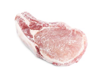 Photo of One frozen pork steak isolated on white