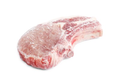 Photo of One frozen pork steak isolated on white