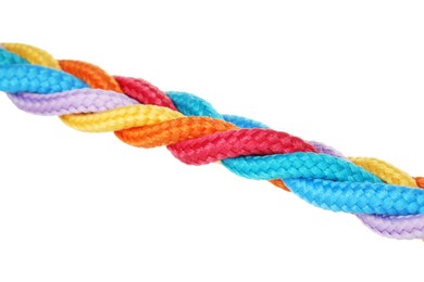 Photo of Braided colorful ropes isolated on white. Unity concept