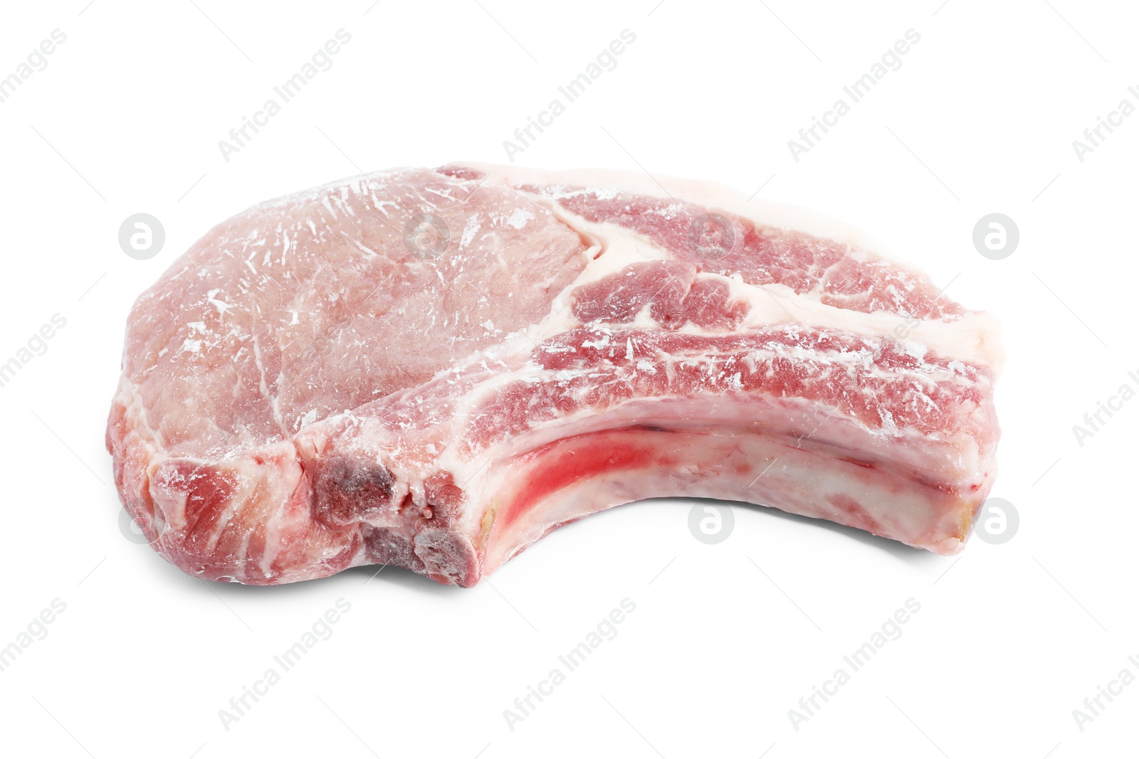 Photo of One frozen pork steak isolated on white