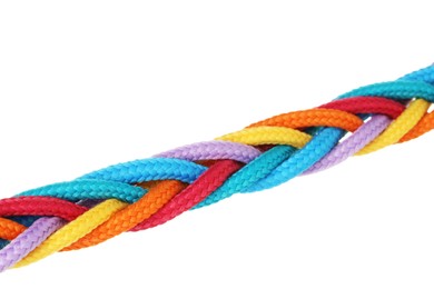 Photo of Braided colorful ropes isolated on white. Unity concept