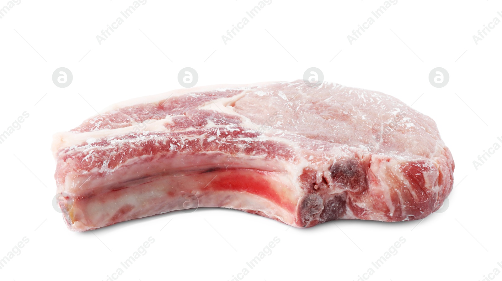 Photo of One frozen pork steak isolated on white