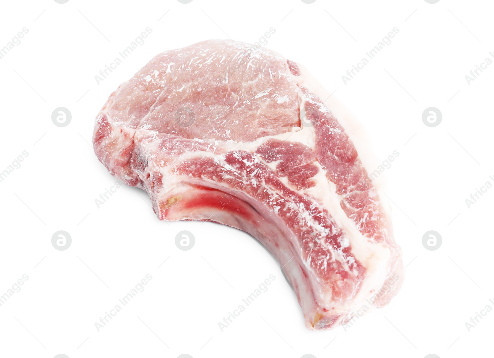 Photo of One frozen pork steak isolated on white