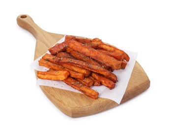 Photo of Delicious sweet potato fries with spices isolated on white