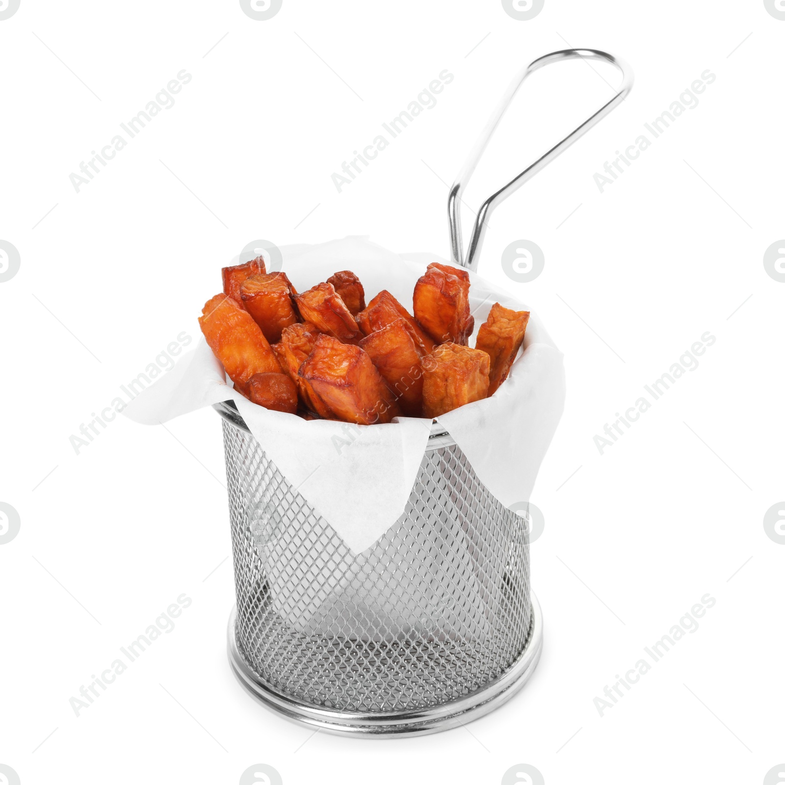 Photo of Sweet potato fries in metal basket isolated on white