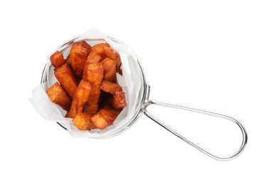 Photo of Sweet potato fries in metal basket isolated on white, top view