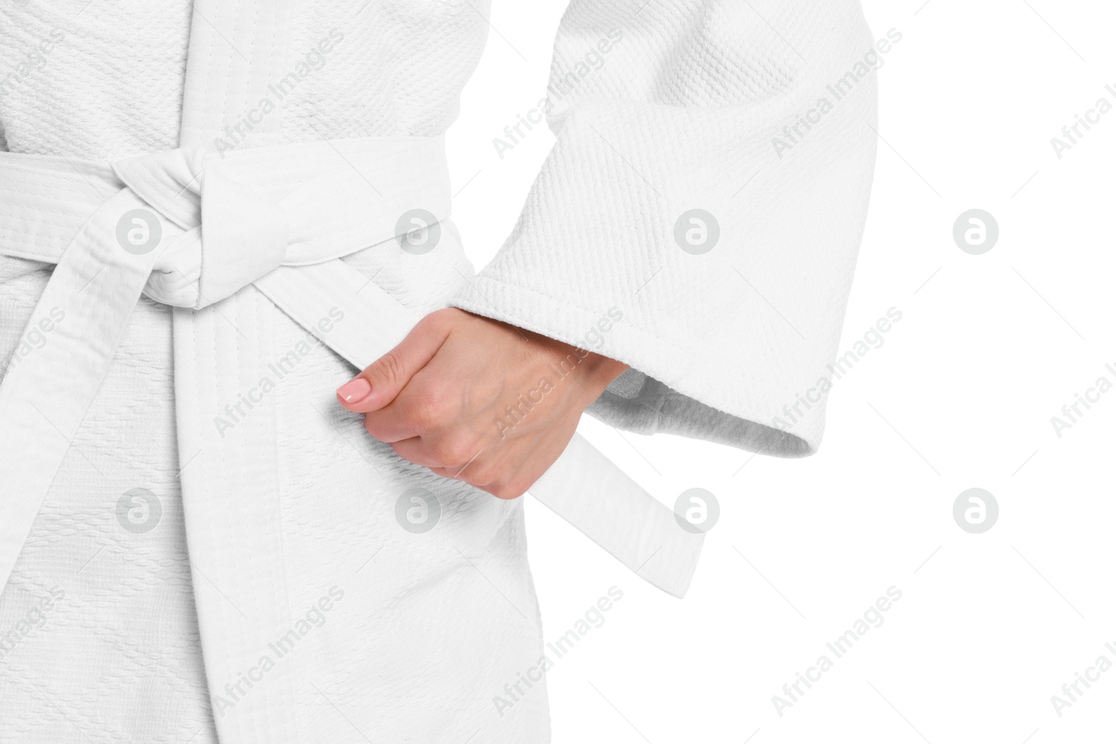 Photo of Karate fighter in kimono isolated on white, closeup