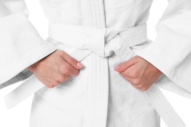 Photo of Karate fighter in kimono isolated on white, closeup