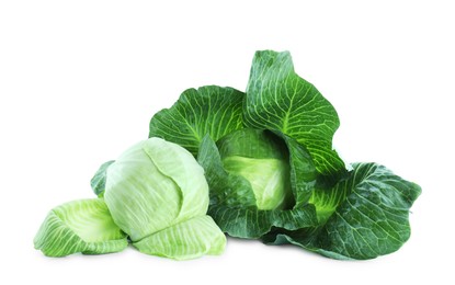 Photo of Two whole ripe cabbages isolated on white