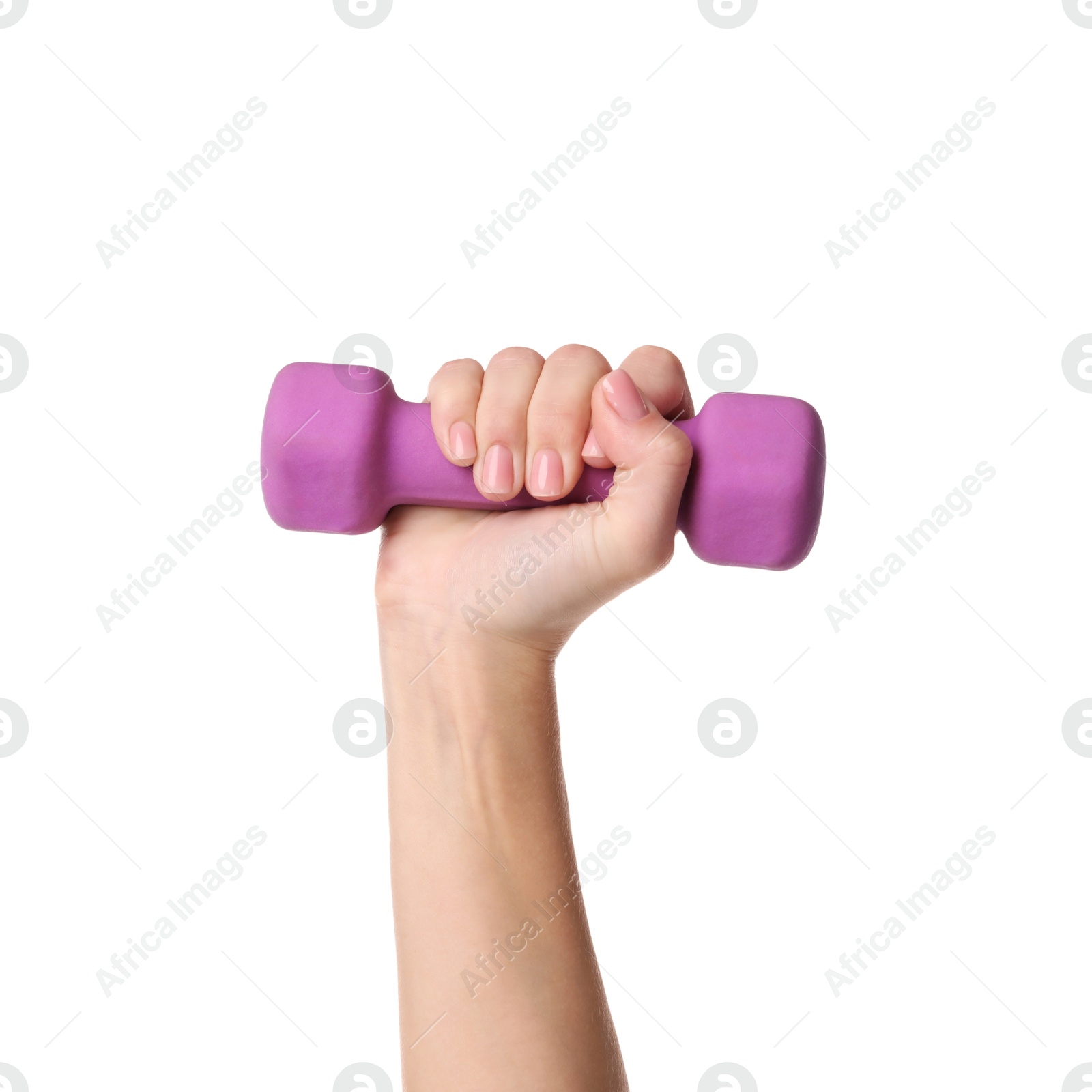 Photo of Woman exercising with dumbbell on white background, closeup