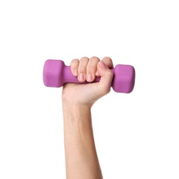 Photo of Woman exercising with dumbbell on white background, closeup