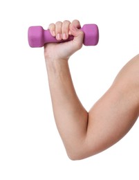 Photo of Woman exercising with dumbbell on white background, closeup