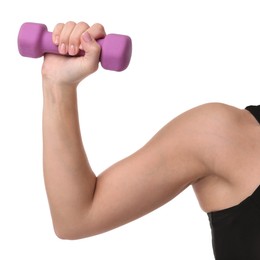 Photo of Woman exercising with dumbbell on white background, closeup