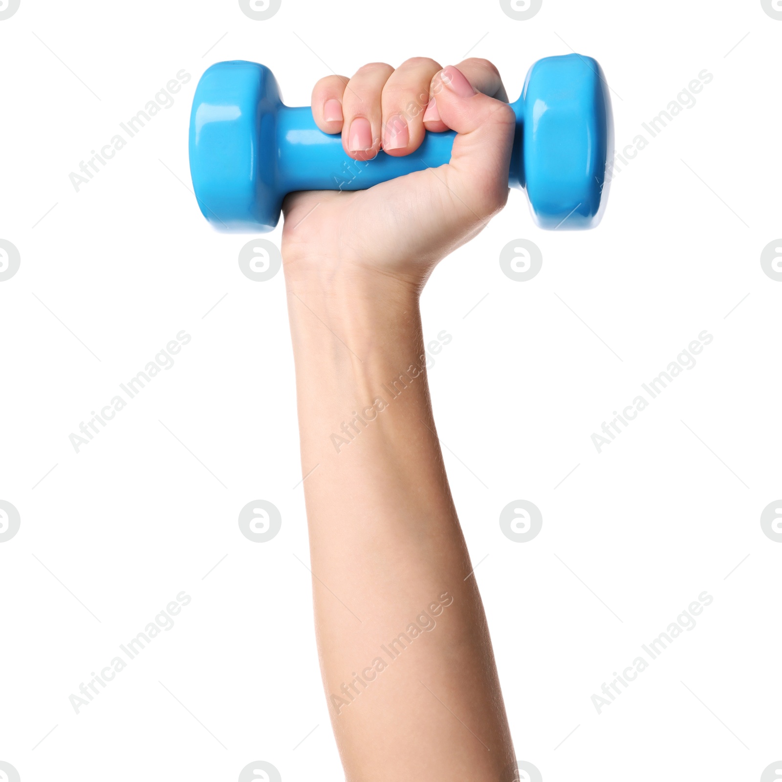 Photo of Woman exercising with dumbbell on white background, closeup