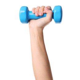 Photo of Woman exercising with dumbbell on white background, closeup