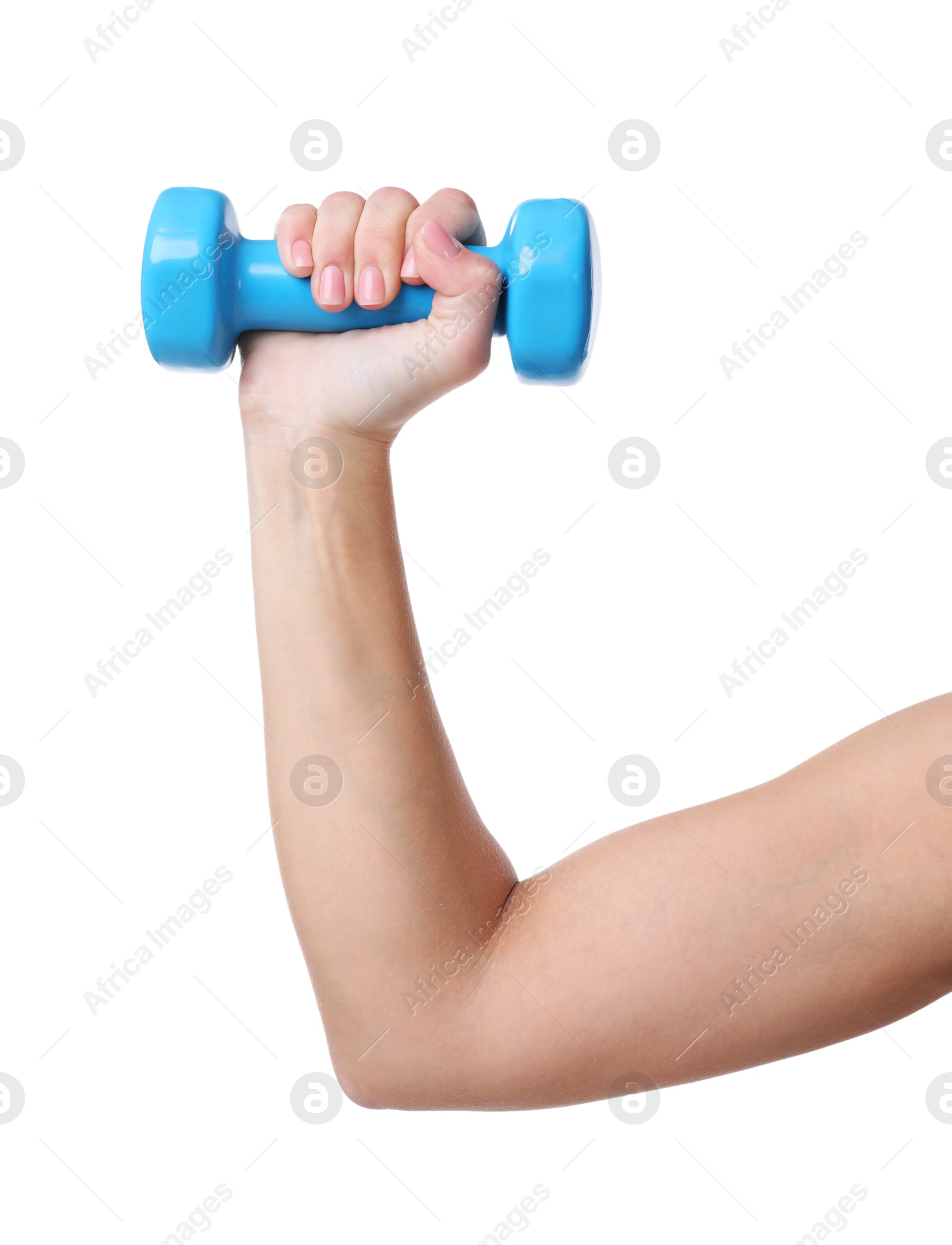 Photo of Woman exercising with dumbbell on white background, closeup