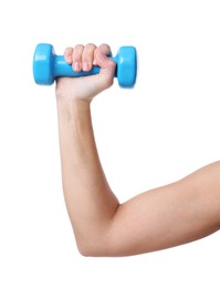 Photo of Woman exercising with dumbbell on white background, closeup