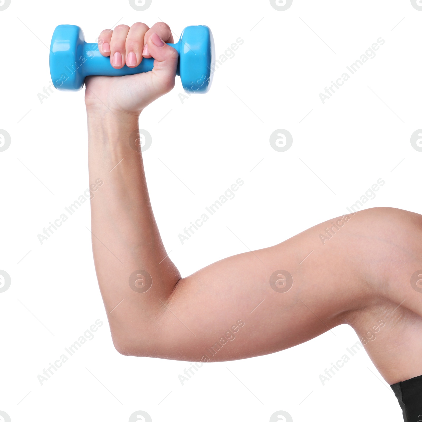 Photo of Woman exercising with dumbbell on white background, closeup