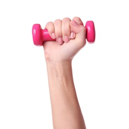 Photo of Woman exercising with dumbbell on white background, closeup