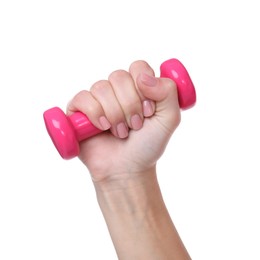 Photo of Woman exercising with dumbbell on white background, closeup