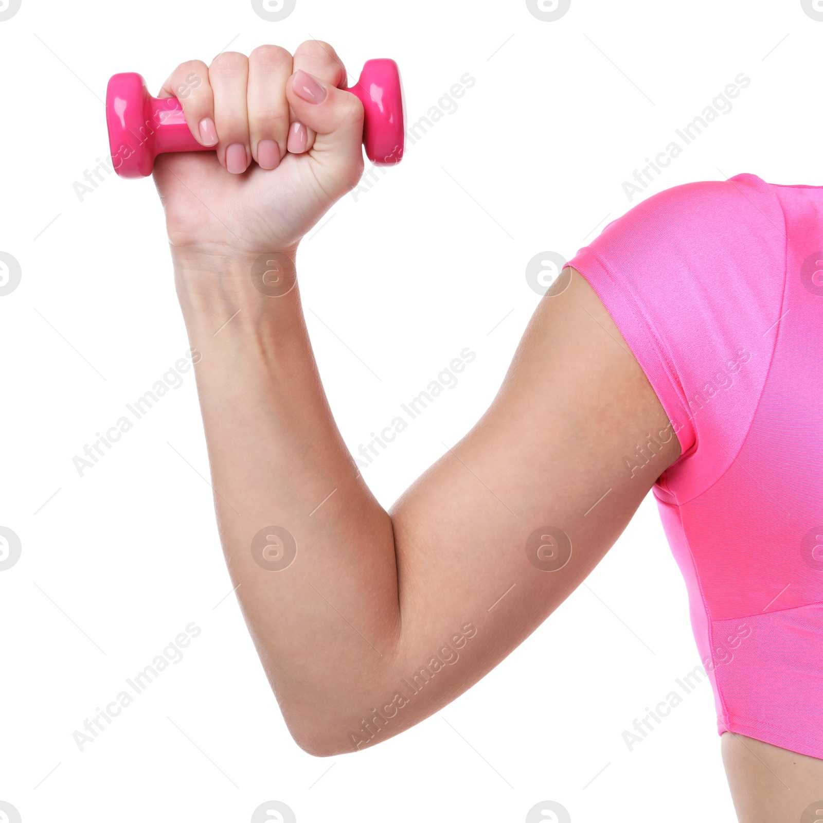 Photo of Woman exercising with dumbbell on white background, closeup