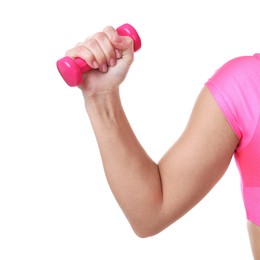 Photo of Woman exercising with dumbbell on white background, closeup