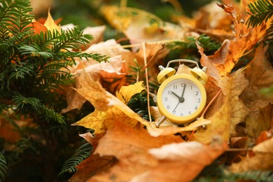 Photo of Autumn time. Alarm clock on fallen leaves