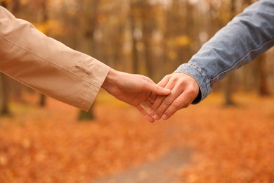 Photo of Couple holding hands in autumn park, closeup