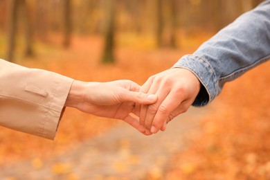 Photo of Couple holding hands in autumn park, closeup