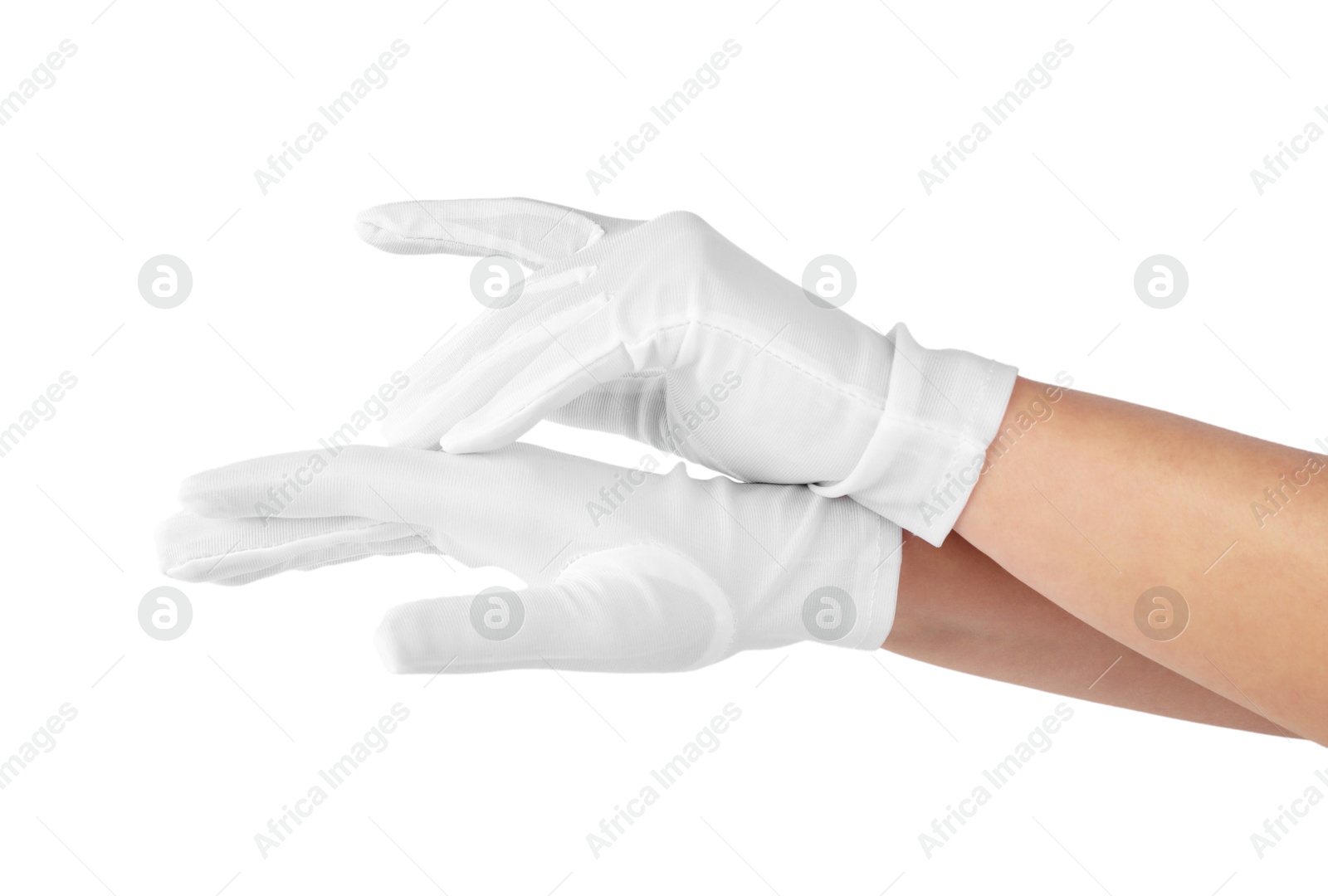 Photo of Woman in elegant gloves isolated on white, closeup