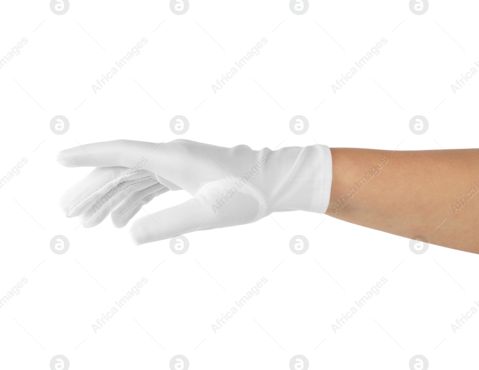 Photo of Woman in elegant glove isolated on white, closeup