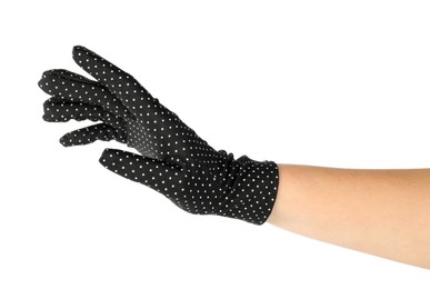 Photo of Woman in elegant polka dot glove isolated on white, closeup