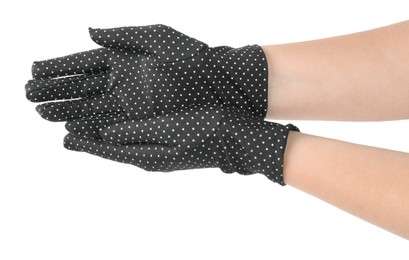 Photo of Woman in elegant polka dot gloves isolated on white, closeup