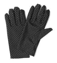 Photo of Elegant polka dot gloves isolated on white, top view