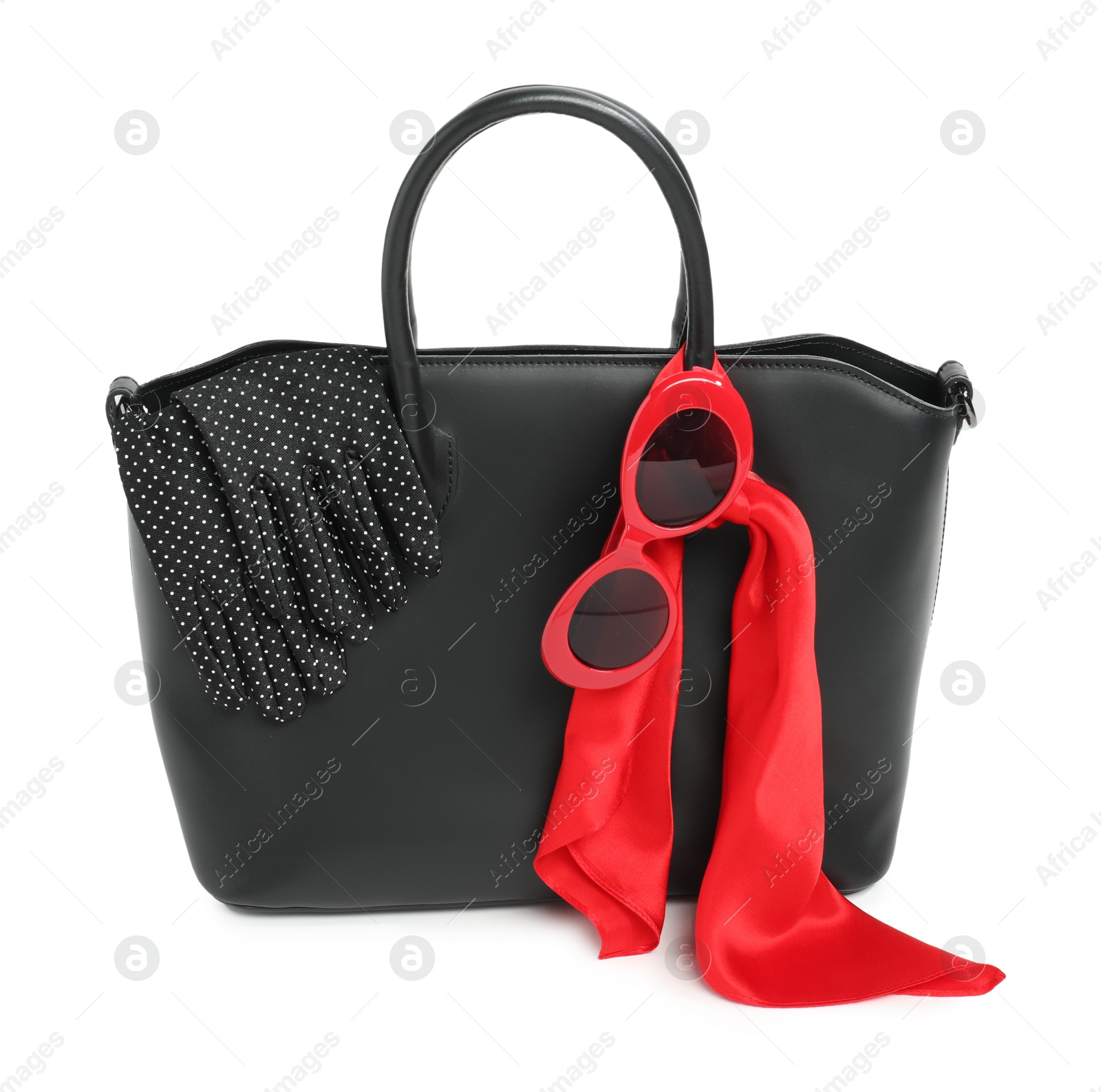 Photo of Stylish bag and other accessories isolated on white