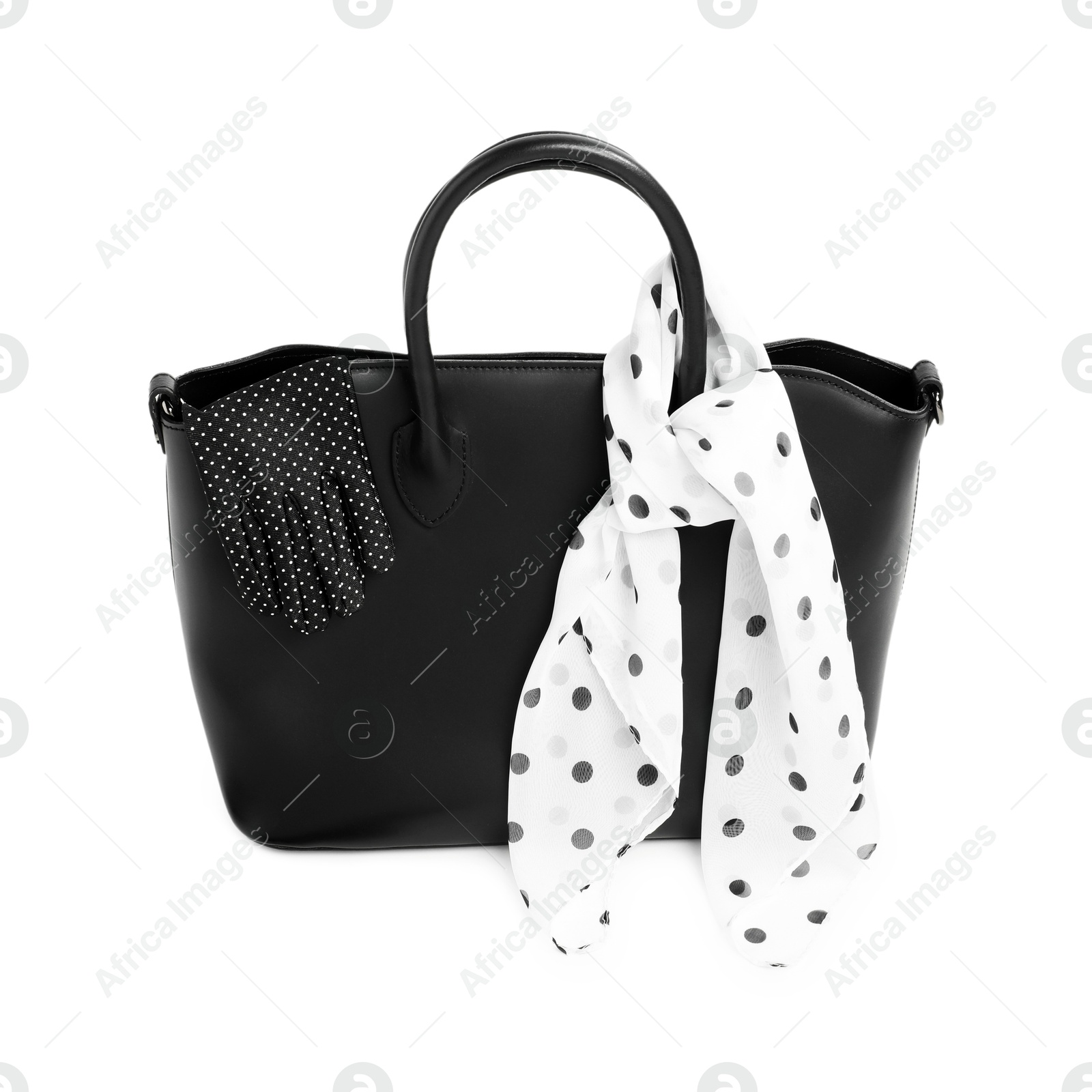 Photo of Stylish bag and other accessories isolated on white