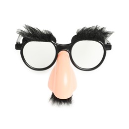 Photo of Funny mask with fake mustache, nose and glasses isolated on white