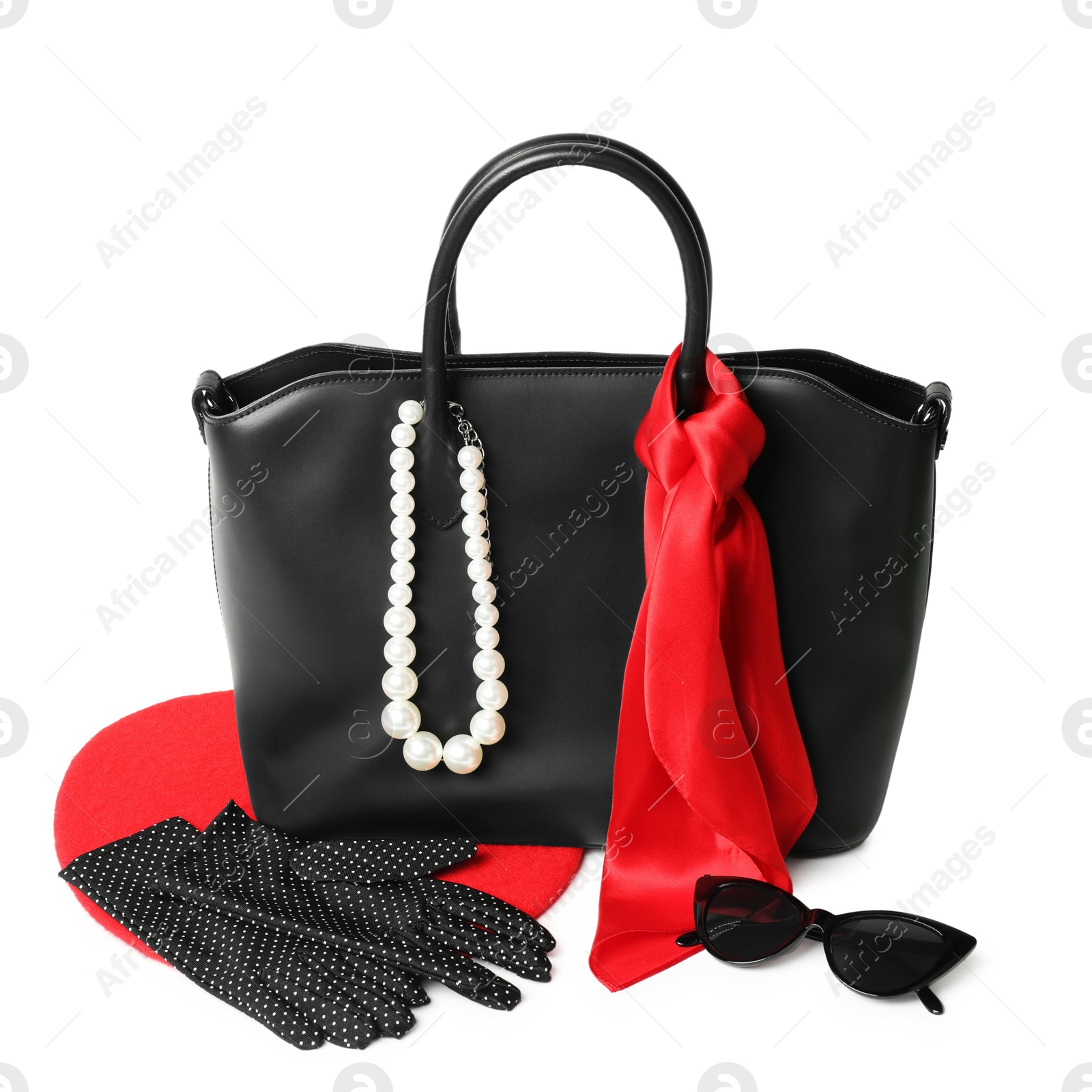 Photo of Stylish bag and other accessories isolated on white