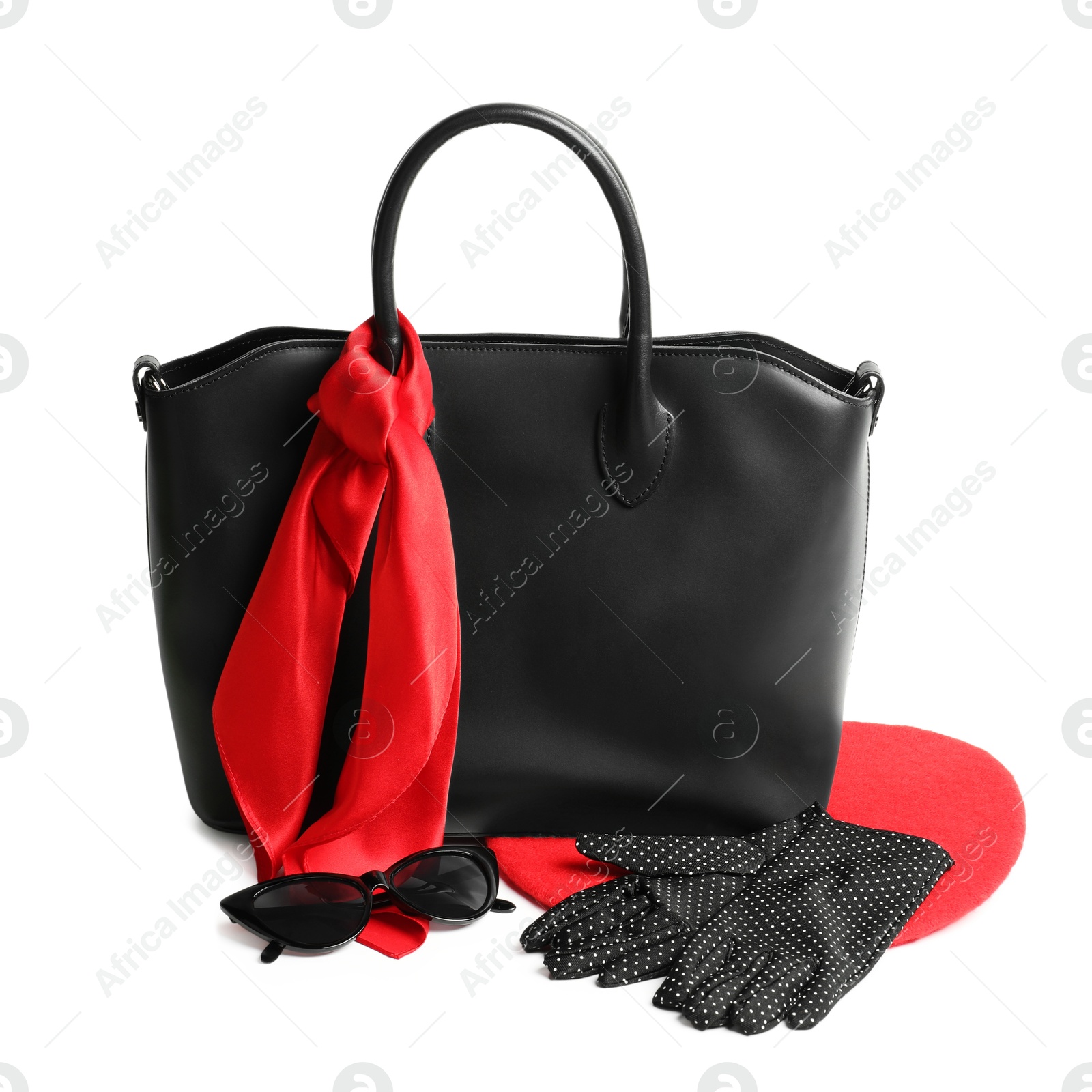 Photo of Stylish bag and other accessories isolated on white