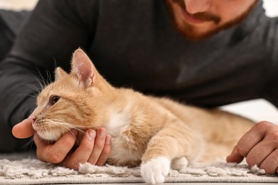 Photo of Man petting cute ginger cat on floor at home, closeup