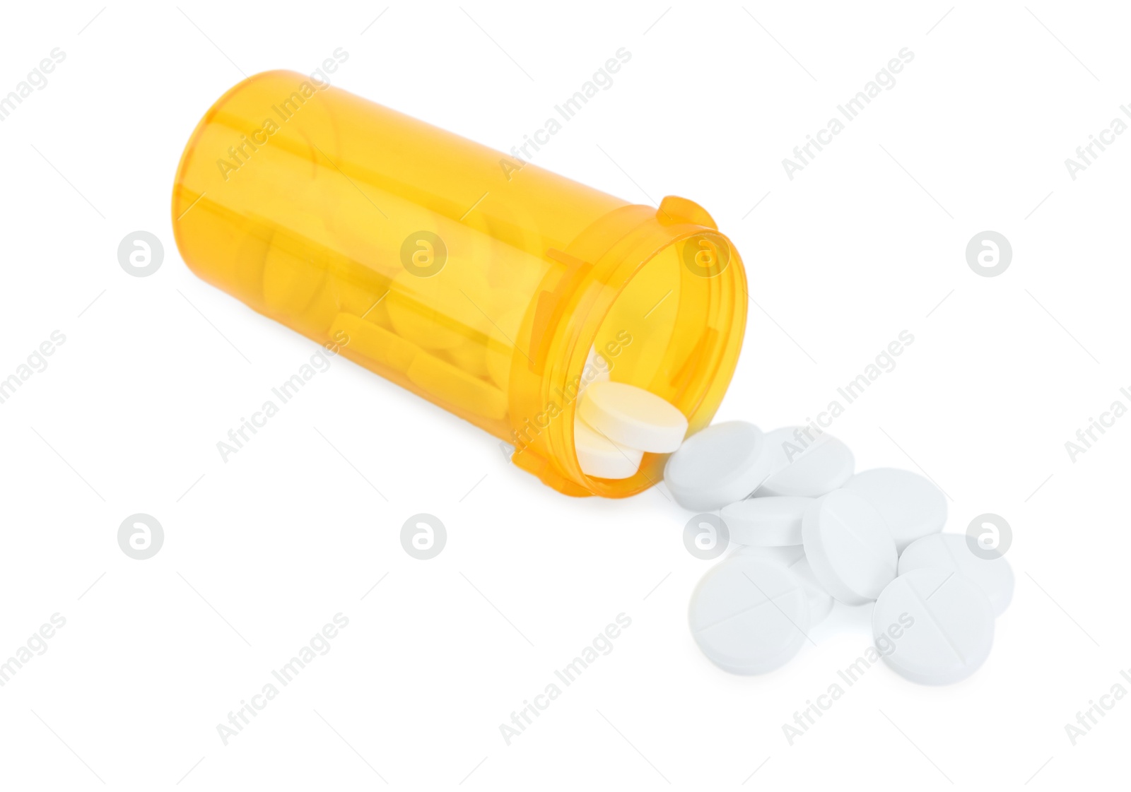 Photo of Antibiotic pills with medical jar isolated on white